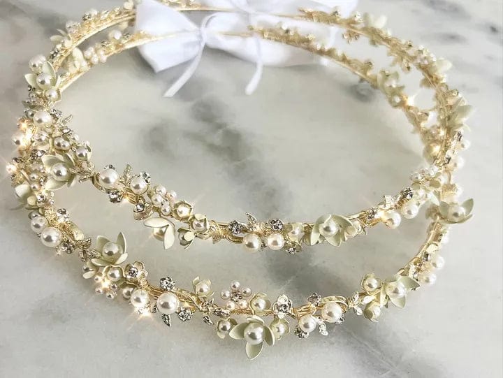 NIKI GOLD PEARL CRYSTAL CHAMPAGNE GOLD STEFANA WEDDING CROWNS