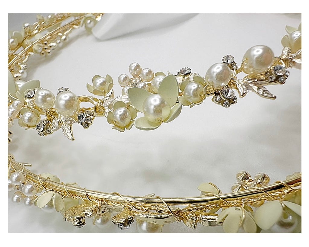 NIKI GOLD PEARL CRYSTAL CHAMPAGNE GOLD STEFANA WEDDING CROWNS